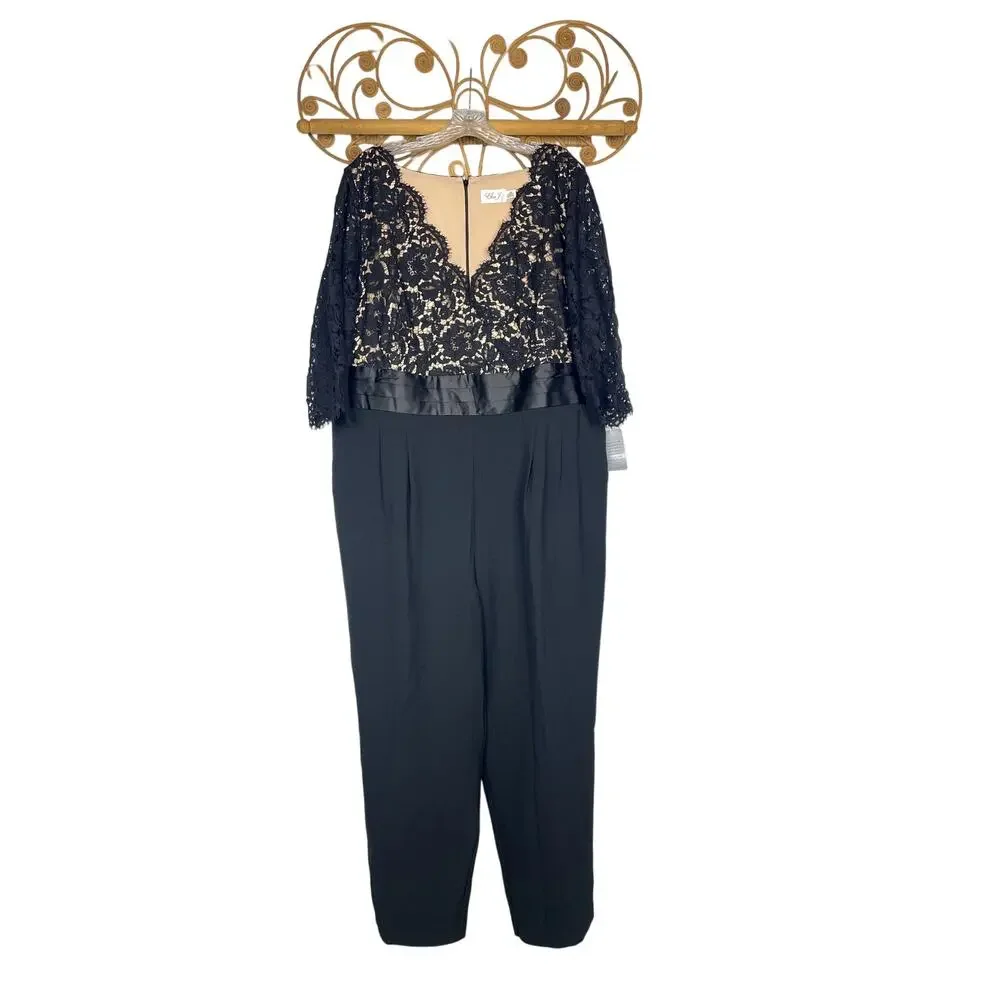 NEW Eliza J Black Beige Women's Size 20W Plus Lace Bodice Jumpsuit - Picture 2 of 8
